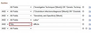 Image of advanced search in PubMed with red box outlined in the title option of the difficile search
