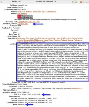 A screenshot of the record created by export of the ncbi.nih.nlm.gov "hit". Arrows point to the abbreviated journal title, the doi, and the PMID. The abstract has been pointed out with a box.