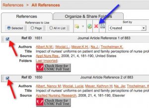 Screenshot of "all references" sorted by "Created". Arrows point to the checked boxes corresponding to the top two references. A blue arrow points to the large "X" button above the reference list.