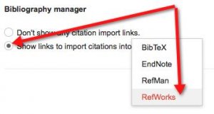 A screenshot of the "Bibliography Manager" area of the Google Scholar "Settings" page. The "Show links to import citations into" option has been selected and the drop-down shows the available "RefWorks" option.