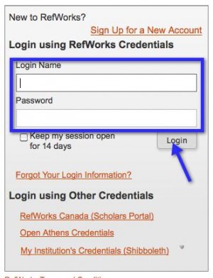 A screenshot of the RefWorks login box. A box indicates the position of the login boxes. An arrow points to the "Login" button.