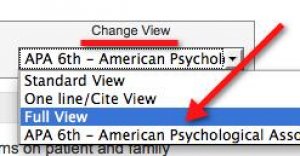 A screenshot of the "Change view" drop-down menu that is above the list of RefWorks records/references on the right. "Change view" is underlined. An arrow points to the "Full view" option.