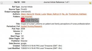 A screenshot of the very brief RefWorks record created by the import. There is no title abbreviation, abstract, doi, or PMID.