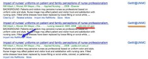 A screenshot of some of the versions of the Google Scholar "hit". A red line has been placed in the second version under ncbi.nlm.nih.gov. This source informaiton is under the title on the right. An orange line has been placed under the "GetIt!@uNMC" link to indicate the absence of a link to free full-text from PMC from the NIH. A blue arrow points to the "Export to RefWorks" link under the second record.