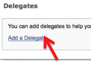 A screenshot with a red arrow pointing to the "add a delegate" link in the "delegates" section of the "My NCBI Account Settings" page.