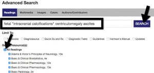 screenshot of AccessMedicine Advanced Search page with search entered and arrow pointing to search button