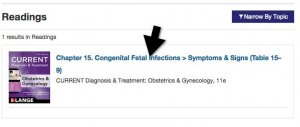 screenshot showing AccessMedicine search results and arrow pointing to Congenital Fetal Infections chapter link