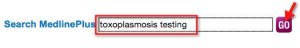 screenshot of MedlinePlus search box with term entered and arrow pointing to search button