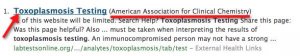 screenshot of MedlinePlus search results window with arrow pointing to Toxoplasmosis Testing link 