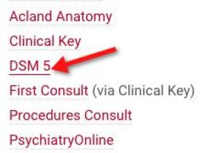 screenshot of Clinical Resources page with arrow pointing to DSM5 link
