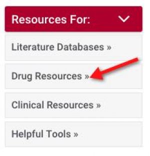 screenshot of McGoogan Library homepage with arrow pointing to Drug Resources link