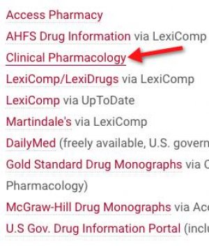 screenshot of Drug Resources page with arrow pointing to Clinical Pharmacology