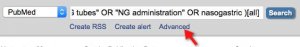 A screenshot showing an arrow pointing to the "Advanced" link under the search box.