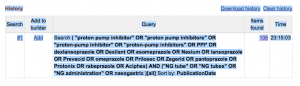 A screenshot showing selection of the "history" heading and the first row of the search history table in preparation for copying.