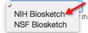 A drop-down menu is shown. An arrow points to the "NIH Biosketch" option.