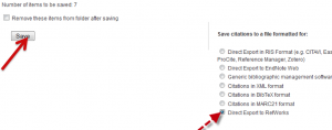 A screenshot of the "Export Manager." A dashed red arrow points to the radiobutton in front of the "Direct Export to RefWorks" option. This is the last option in the list of options on the right-hand side of the page. A solid red arrow points to the "save" button on the left-hand side of the page.
