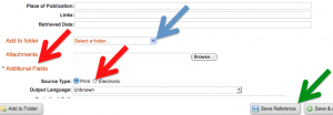 A screenshot of the "new reference" box is shown. The area shown includes the "Add to folder" drop-down menu (blue arrow), the "Additional Fields" heading (first red arrow), the "Source type" area with a second red arrow pointing to the radiobutton in front of "Electronic", and the "Save Reference" button (green arrow).