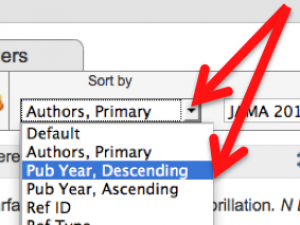 Screenshot of the "Sort by" drop down menu with arrows indicating the selection of the "Pub Year, Descending" option.