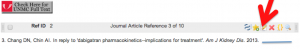 Screenshot of a reference that lacks page numbers. A red arrow points to the "edit" icon in the grey bar above the reference.