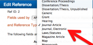 Screenshot of "Reference Type" drop-down with red arrow pointing to "Journal, Electronic"