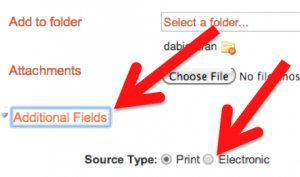 Screenshot of the "Additional Fields" area with a red arrow pointing to the "Electronic" "Source Type" radiobutton.