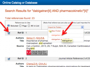 A screenshot showing the PubMed search result pop-up box. The "selected" radiobutton has been selected (this is the default choice). Boxes to the right and above several of the search results have been checked. The position of the "import to folder" drop -down menu is shown by an arrow which points to one of the folder options.