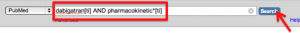 Screenshot of the PubMed search box. The search terms -- dabigatran*[ti] AND pharmacokinetic*[ti] -- have been entered. A red arrow indicates the position of the "search" button to the right of the search box.