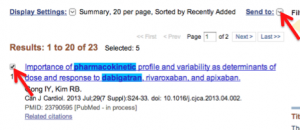 Screenshot of the top of a PubMed search result list. The box to the left of the first record has been checked. An arrow indicates the posiiton of the "Send to" drop-down menu which is above the result list on the right.