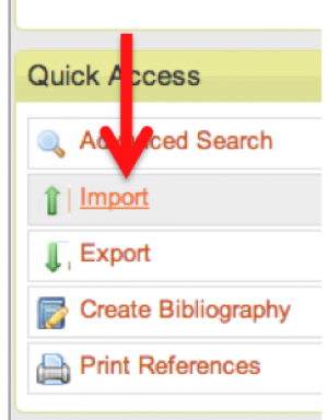 A screenshot of the "Quick Access" area of the RefWorks page. An arrow indicates the position of hte "import" link.