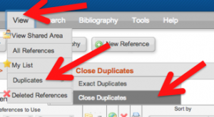 A screenshot of the "View" menu. An arrow points to the "Duplicates" option and a second arrow points to the "Close Duplicates" option in the menu that pops up after selection of "Duplicates.