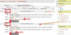 A screenshot showing a duplicate pair. Red boxes have been used to point out the positions of their Ref ID's. Red arrows point to the location where the folder name/s associated with the references is shown. A red cross is used to indicate the cross icon that appear when one clicks on top of the grey bar above a reference. An orange arrow is used to indicate the act of dragging the grey bar into a new folder.