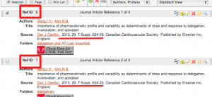 Screenshot showing a duplicate pair with RefID's 6 and 1. Both are records for a single reference by Gong et al. The page numbers are underlined so that trainees can see that the adjacent references are identical.