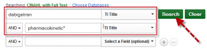 A screenshot of a search for dabigatran in the title field and pharmacokinetic* in the title field is shown. An arrow points to the "Search" button.