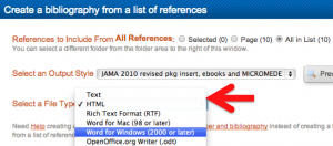 Screenshot of the "Create a bibliography fro a list of references" pop-up. The "JAMA 2010 revised pkg insert, ebooks and MICROMEDEX -- UNMC" output style has been chosen. The second drop-down is being used to select "Word for Windows"