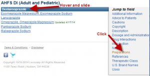 A screenshot showing an arrow pointing to "dexlansoprazole" within the list of PPI generic names. The words "hover and slide" appear next to the arrow. The Jump to field column on the right-hand side of the page contains an arrow pointing to "Preparations" with the annotation "click".