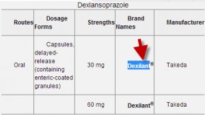 The preparations table for dexlansoprazole is shown. The brand name "Dexilat" has been selecte in preparation for copying. An arrow points to the selected term. The trademark following "Deilant" is not selected.