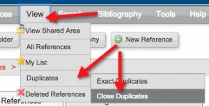 A screenshot of the "View" menu is shown. An arrow points to the "Duplicates" option. The side menu that appears when the cursor is placed over the "duplicates" option is shown, and a second arrow points to the "Close duplicates" option in the side menu.