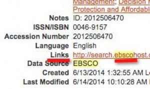 A screenshot of a portion of one of the records shows the links field of a record with the highlighted -- ebsco -- characters