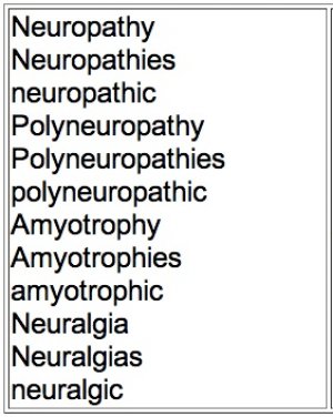 The first list includes neuropathy, neuropathies, neuropathic, polyneuropathy, polyneuropathies, polyneuropathic, amyotrophy, amyotrophies, amyotrophic, neuralgia, neuralgias, or neuralgic