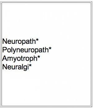 This second list of terms includes neuopath*, polyneuropath*, amyotroph*, and neuralgi*