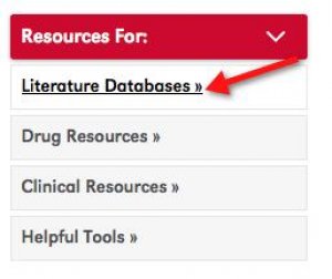 A screenshot of the buttons that are located on the right-hand side of the library's homepage. An arrow points to the "Literature databases" button