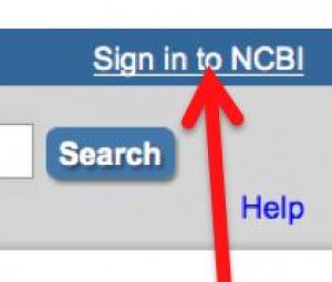 Screenshot of the "Sign in to NCBI" link in the upper, right-hand corner of the PubMed homepage