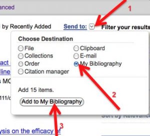 A screenshot shows arrow #1 pointing to the "Send to" drop-down. Arrow #2 points to the "My bibliography" selection. Arrow #3 points to the "Add to My Bibliography" button.