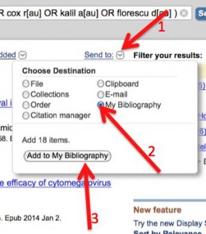 A screenshot shows arrow #1 pointing to the "Send to" drop-down. Arrow #2 points to the "My bibliography" selection. Arrow #3 points to the "Add to My Bibliography" button.