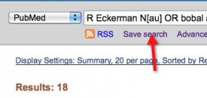 A screenshot shows an arrow pointing to the "save seach" link that is located under the PubMed search box.