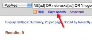 A screenshot shows an arrow pointing to the "save seach" link that is located under the PubMed search box.