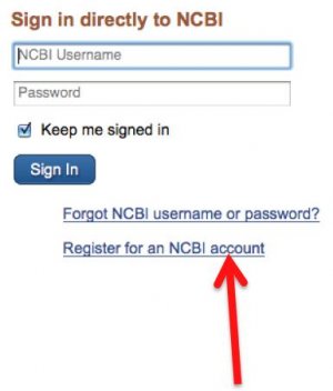 A screenshot of the "My NCBI" login boxes and the "register for an NCBI account" link below the boxes.