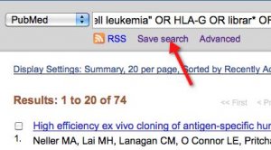 A screenshot shows an arrow pointing to the "save search" link that is located under the PubMed search box.