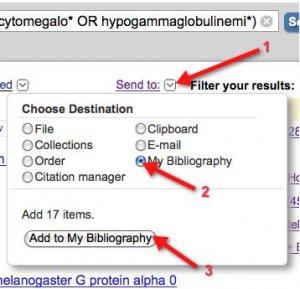 A screenshot shows arrow #1 pointing to the "Send to" drop-down. Arrow #2 points to the "My bibliography" selection. Arrow #3 points to the "Add to My Bibliography" button.