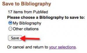 A screenshot of the "My NCBI>>My Bibliography" page with an arrow pointing to the "Save" button.